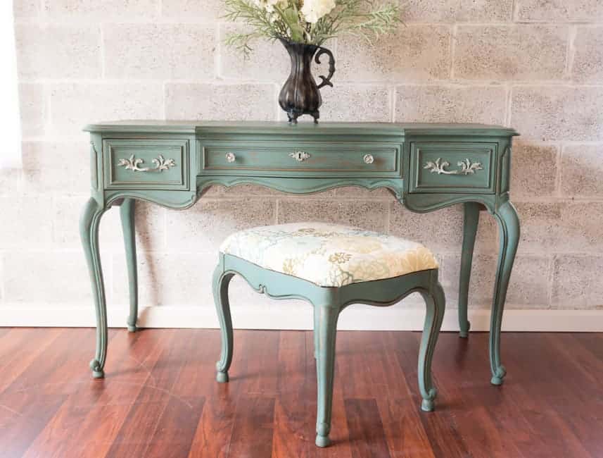 green painted makeup vanity with bench 