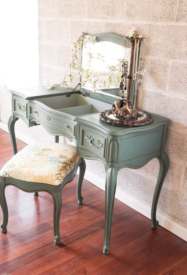 painted makeup vanity with stool