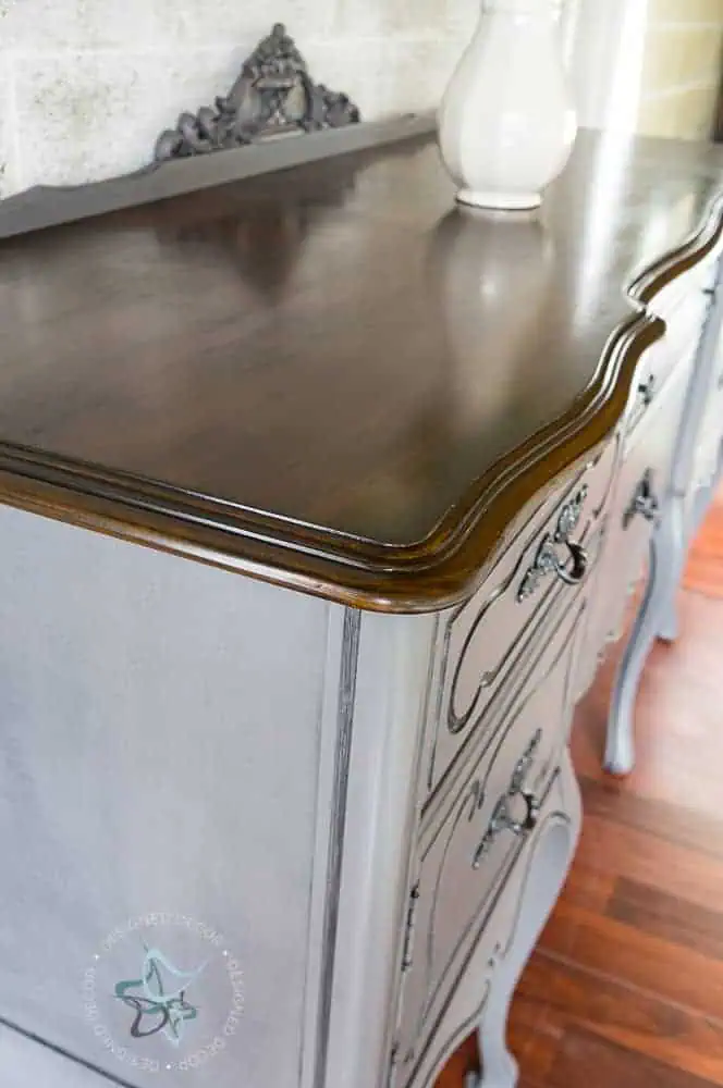 General Finishes-Java Gel- Buffet Makeover gray painted buffet with stained top