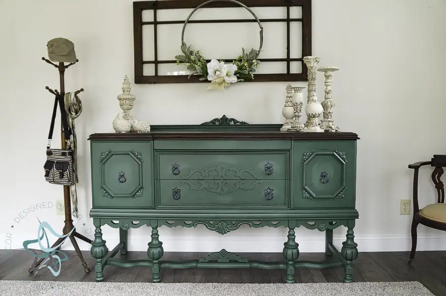 bold entryway statement- modern painted buffet Bold modern entryway with a green painted antique buffet