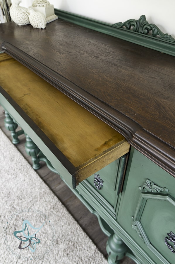 hidden drawer in antique painted buffet