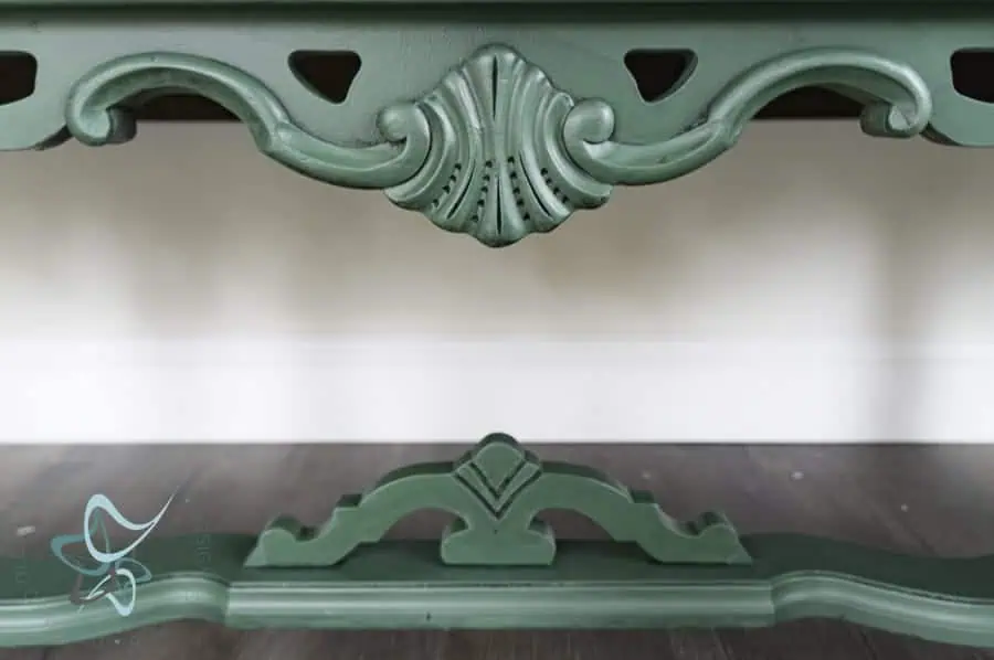 custom green painted buffet with Maison Blanche paint close up details of painted antique buffet