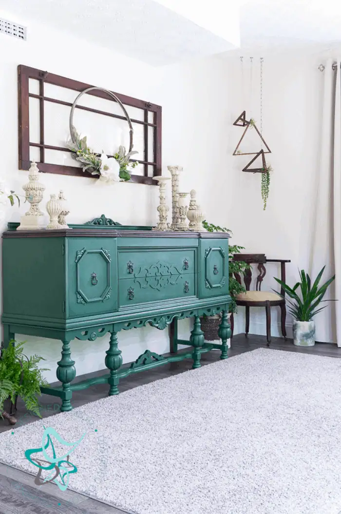 How to modernize an outdated buffet entryway with a painted green buffet