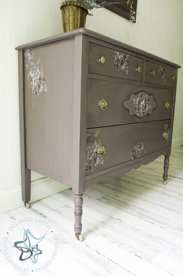 plum painted antique dresser with floral furniture transfers