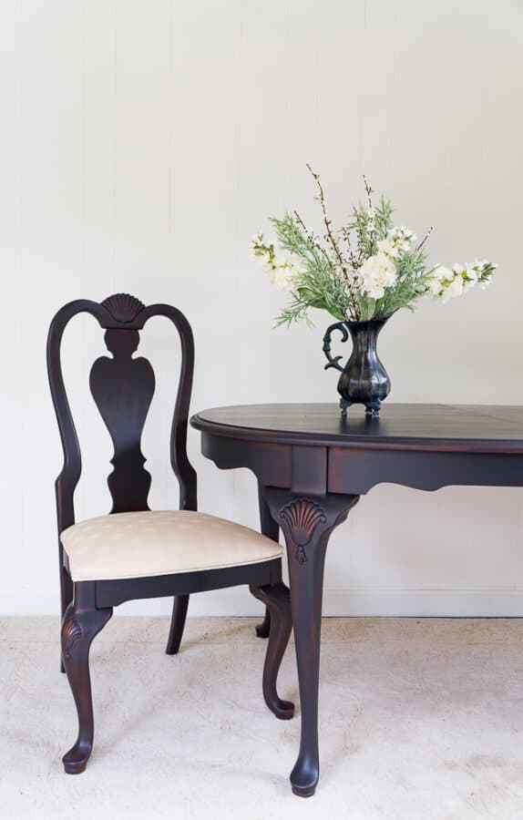 Queen Ann Style Table and Chairs painted in black with a natural distress technique