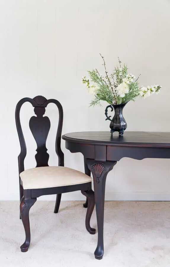 Queen Anne style table and chairs painted in black Queen Ann Style Table and Chairs painted in black with a natural distress technique
