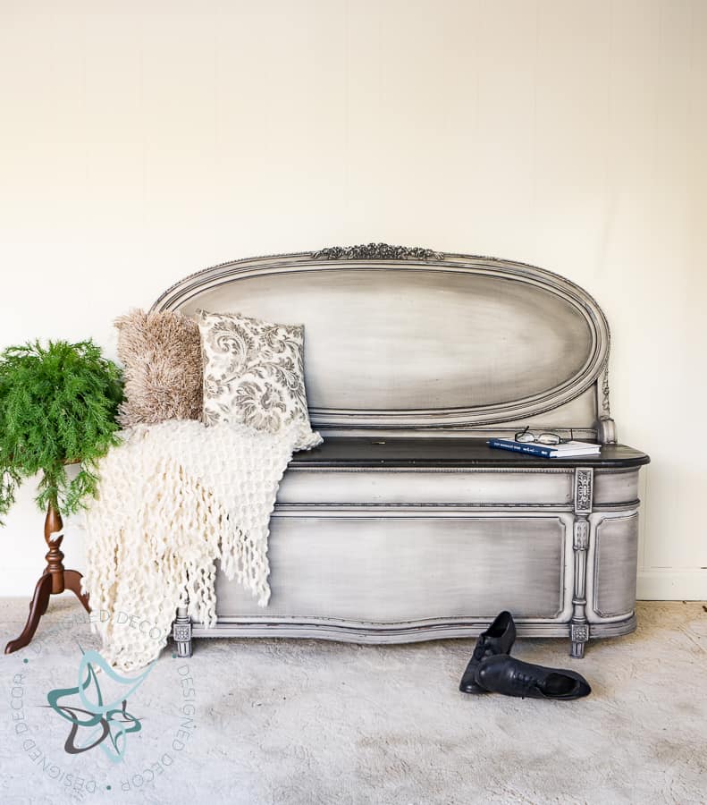 repurposed headboard bench painted with a powder glazing paint technique