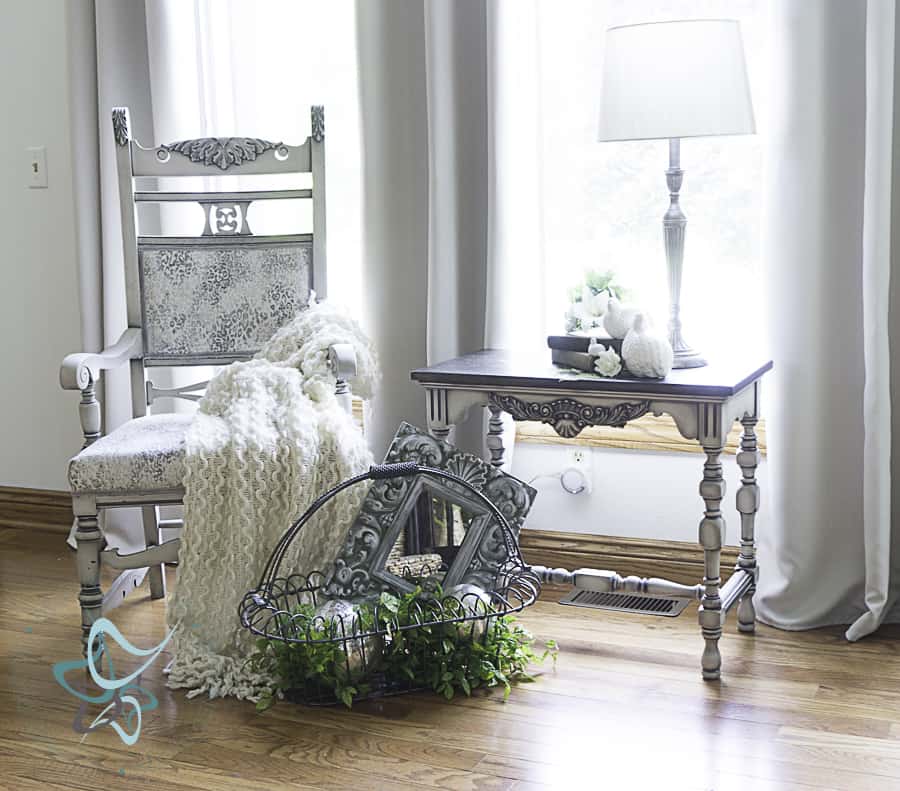 image of antique armchair makeover with decorative accessories