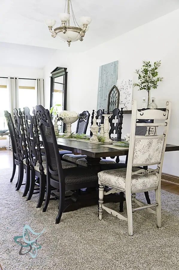 10 foot dining room table makeover with repainted chairs and new upholstery 