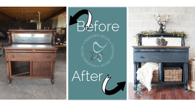 before and after photo of an antique empire buffet