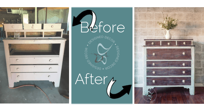 before and after photos of a layered chippy paint finish
