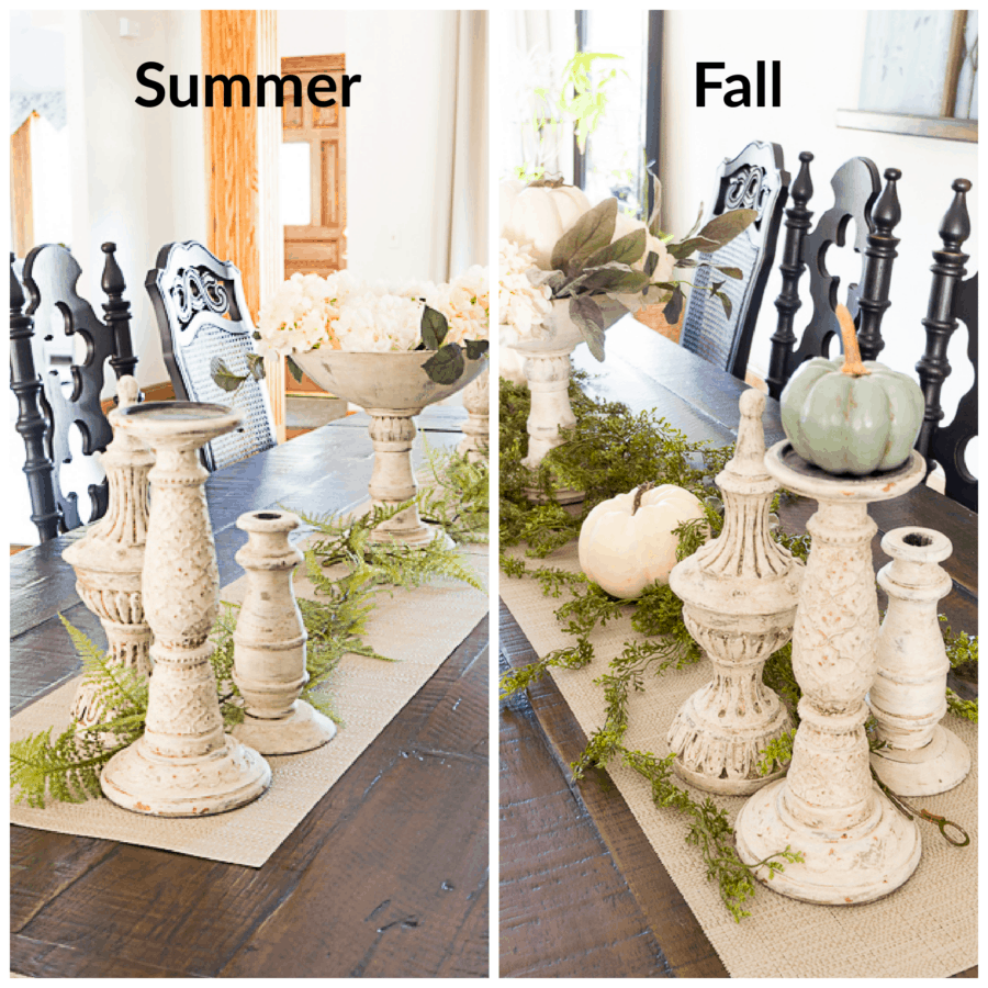 dining room tablescape with summer decor and fall decor 
