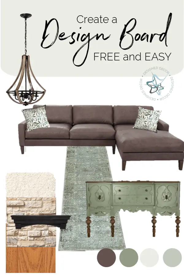 graphic image of a design board with rug, couch, chair and swatch colors