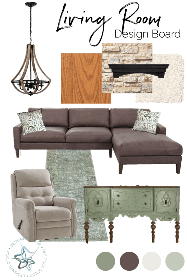 A graphic design of a Living room design board with home decor items placed together