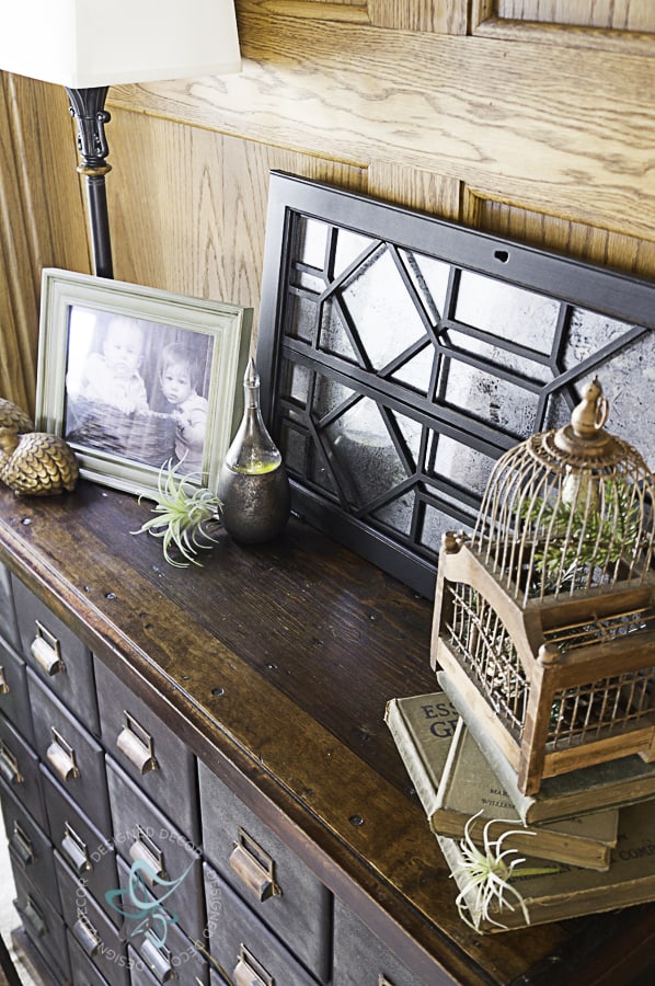 table vignette with thrift store finds