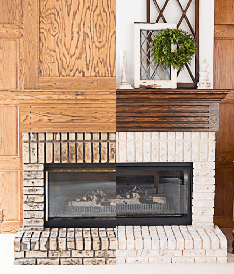 image of a brick fireplace before and after painting the brick to improve your home decorating