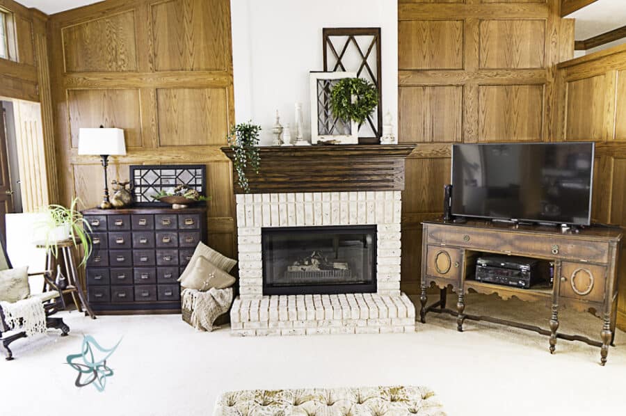 image of a fireplace with painted bricks and decorated 