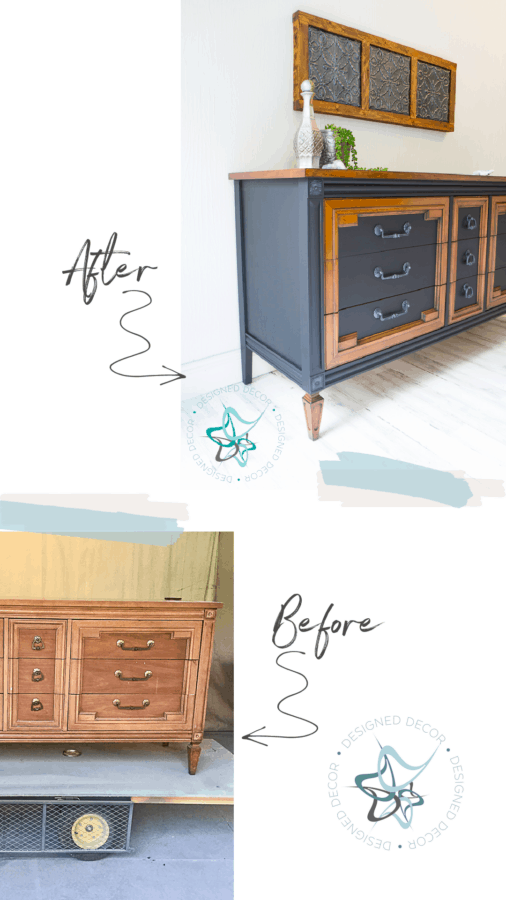 image of a dresser with the before and after using gel stain and black paint.