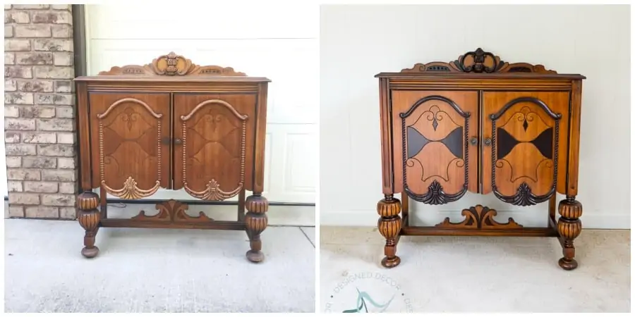 image of a small buffet with the before and after using gel stain