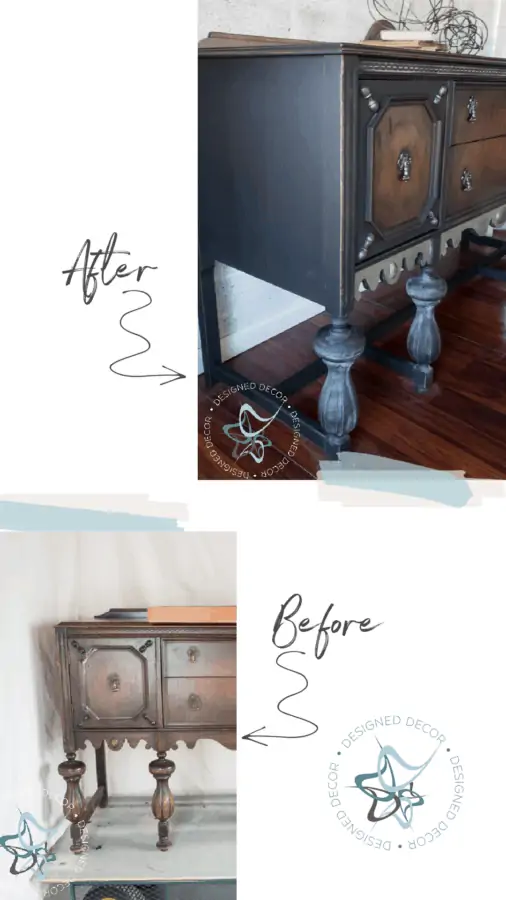 image of a before and after of a buffet using gel stain on furniture and paint