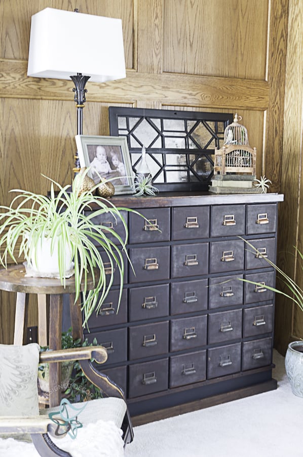 image of an antique apothecary cabinet with the repurposed china cabinet door on display with other decorative accessories