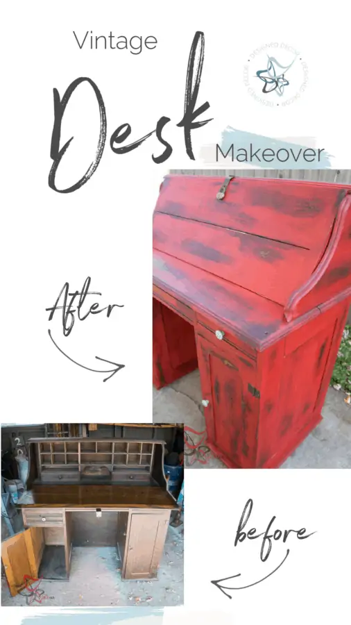 the before and after of a vintage desk makeover