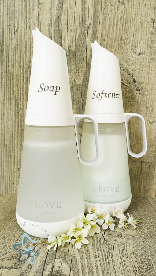 Image of homemade laundry detergent and fabric softener in dispenser bottles