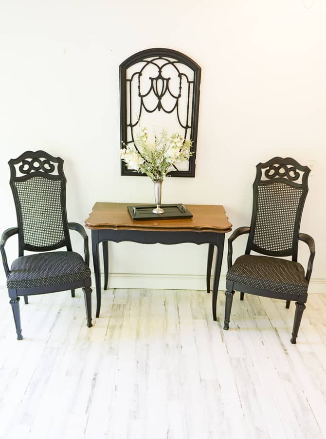 image of a side table and 2 matching chairs painted in black