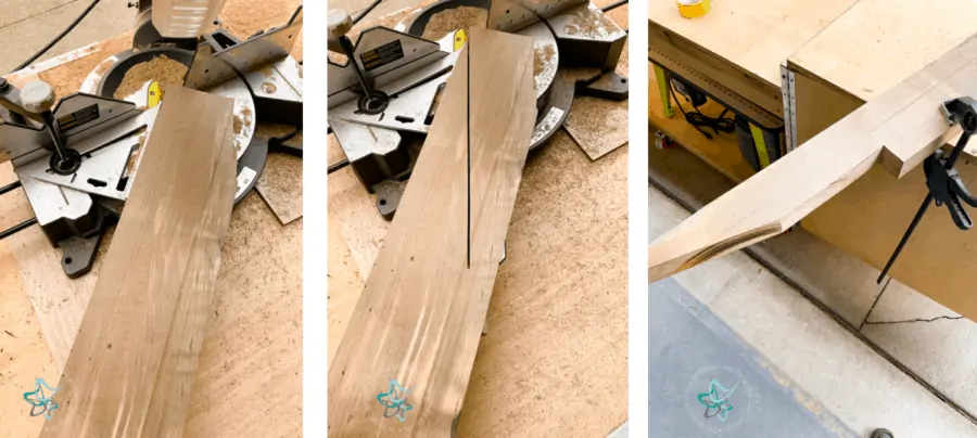 close up image of cutting wood leg supports for a diy outdoor sectional sofa