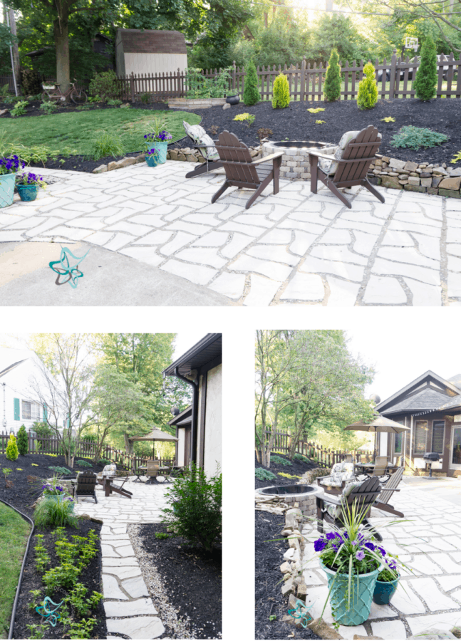 images of a patio makeover showing different photos of the DIY patio extension