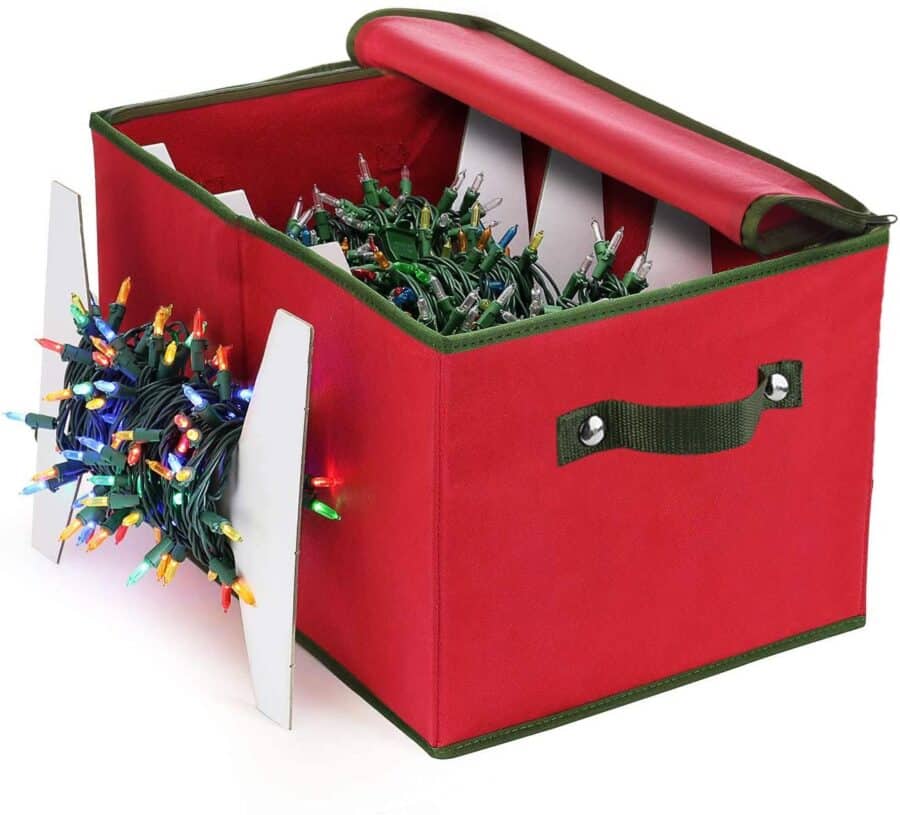 red storage tote filled with Christmas lights