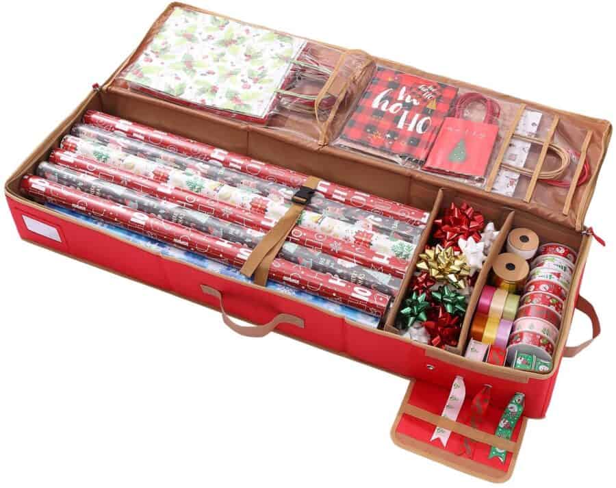 red wrapping paper storage tote