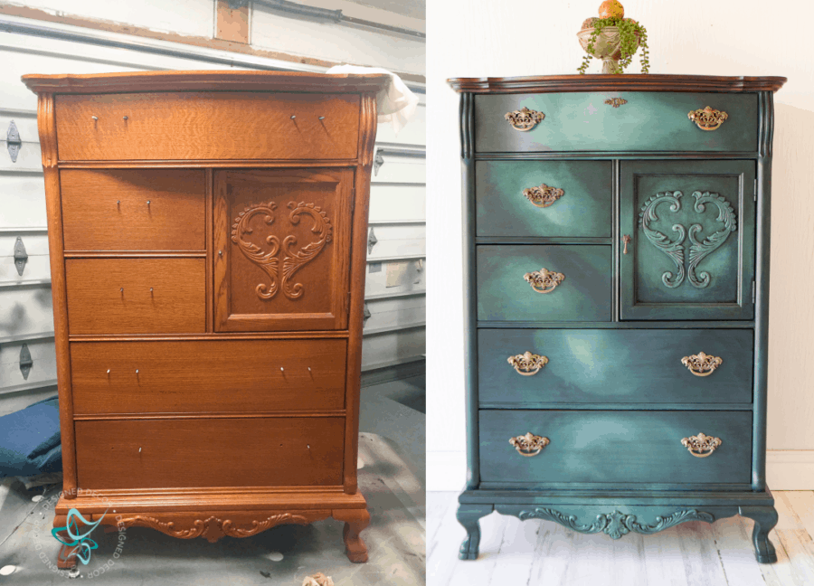 before  and after image of a dresser painted with a chalk paint meshing technique