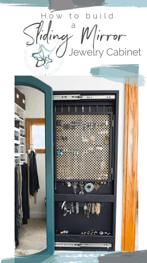 Image of a sliding mirror jewelry cabinet with the mirror opened and showing the hidden jewelry storage