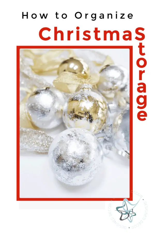organize-christmas-decor-storage-ideas-inexpensive Graphic for how to organize Christmas storage with a close up of silver leaf Christmas ornaments