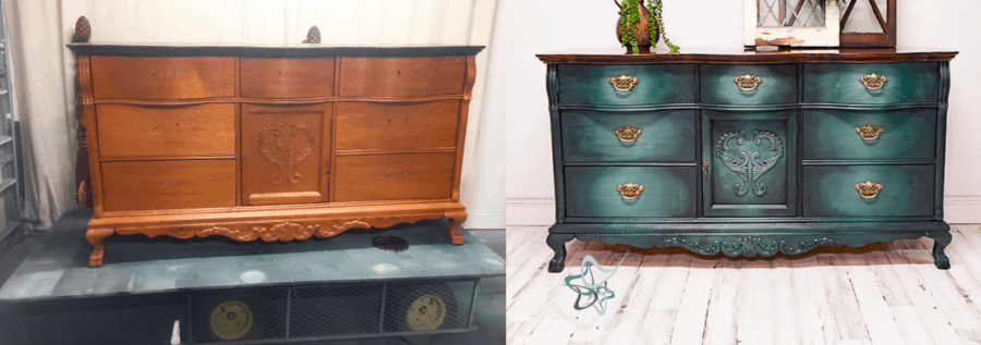 before and after image of a dresser painted using a furniture paint meshing technique