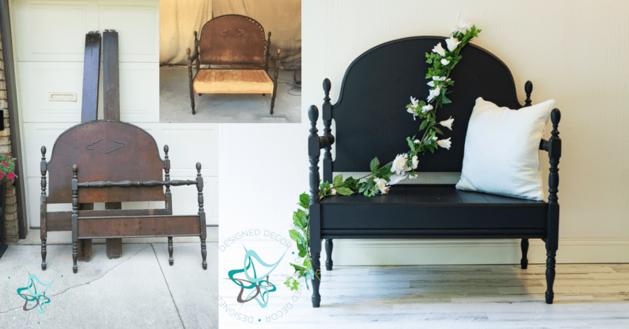 before and after of an antique bed transformed into a bench