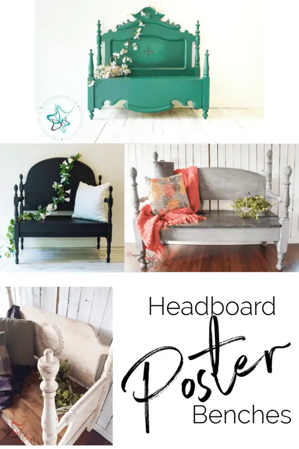 image of 4 different poster beds repurposed into benches