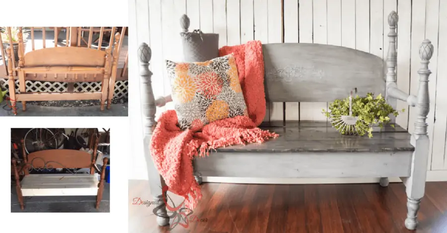 before and after of headboard repurposed into a bench