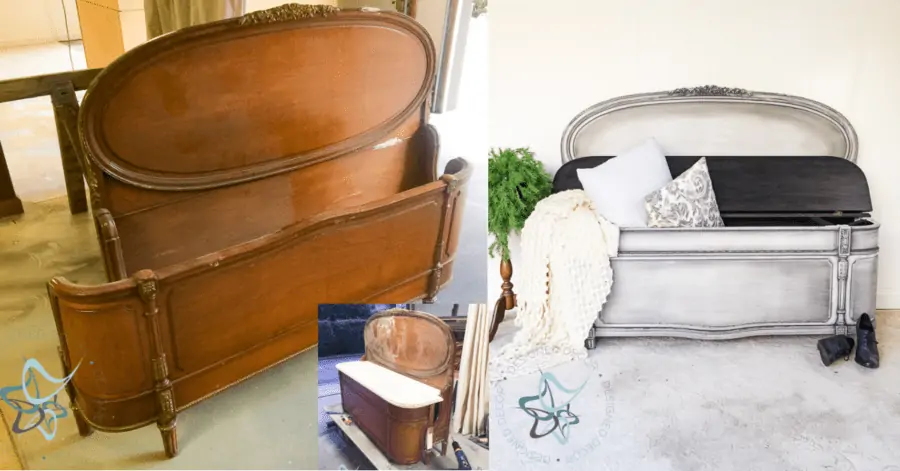 antique curved bed transformed into a storage bench