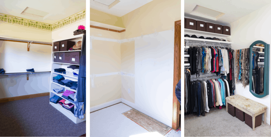 before, during and after photos of a diy walk-in closet makeover