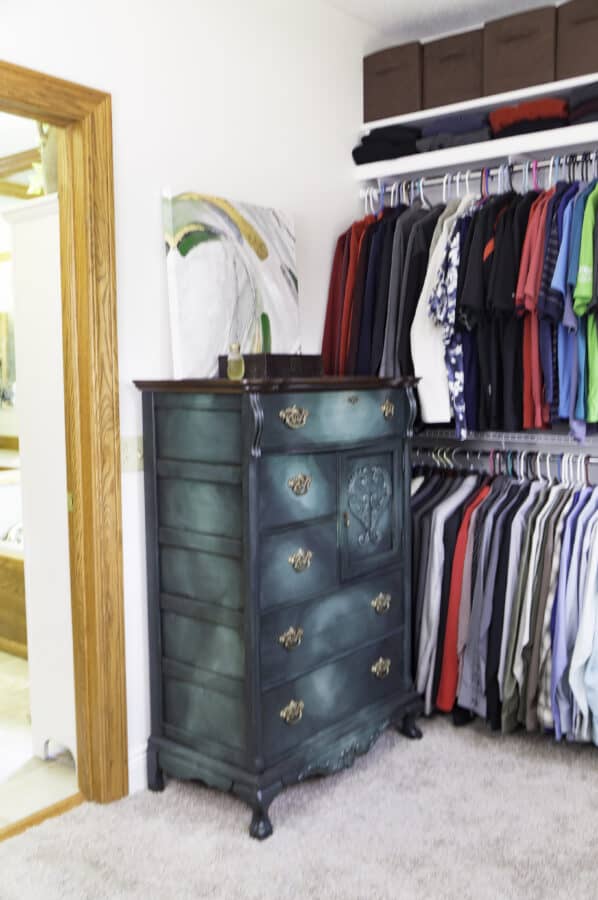 image of a green painted dresser in a walk-in closet