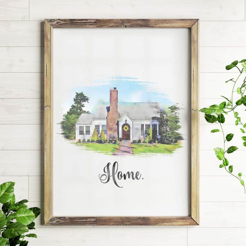 framed watercolor painting of a home