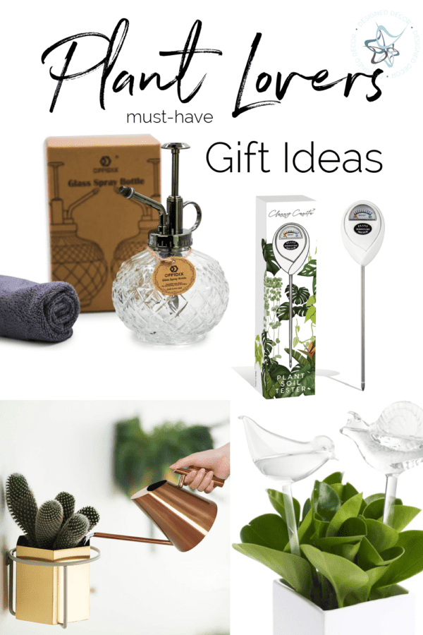 graphic with gift ideas for plant lovers with images of plant watering cans