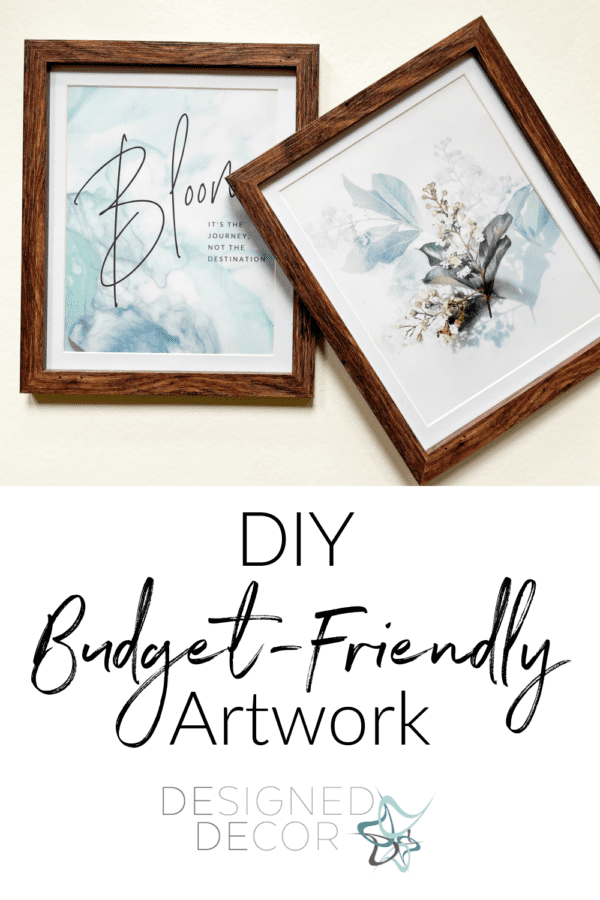 graphic on how to make budget friendly artwork with watercolor floral prints in brown wood picture frames