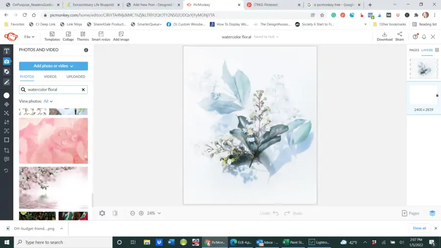 screen shoot of a watercolor floral image in Picmonkey
