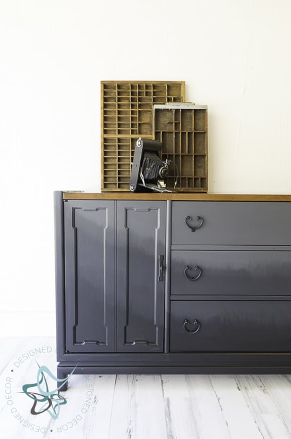 Close up of a gray paint blended dresser