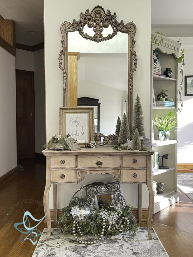 Entryway Table decorated with winter decor