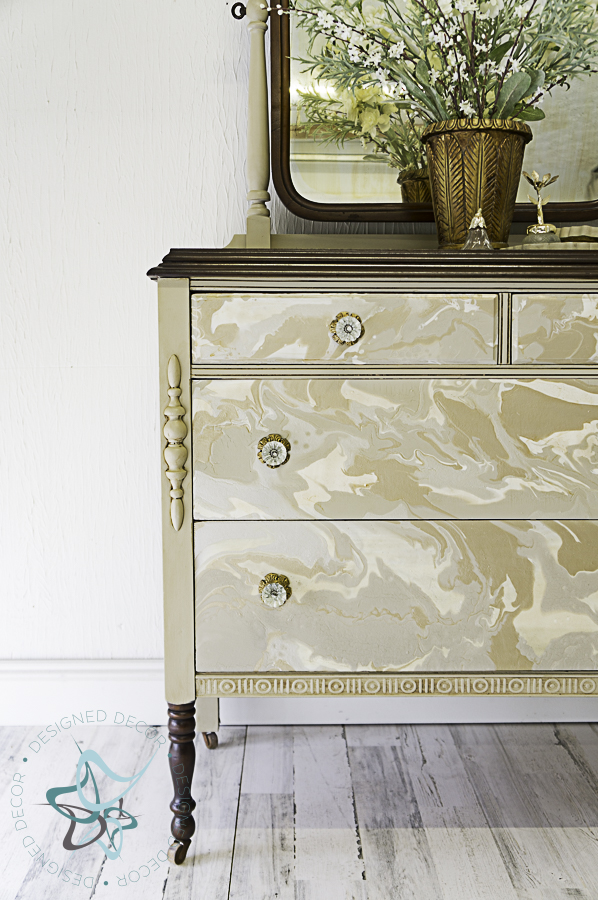 antique dresser painted using a paint pour on furniture paint technique