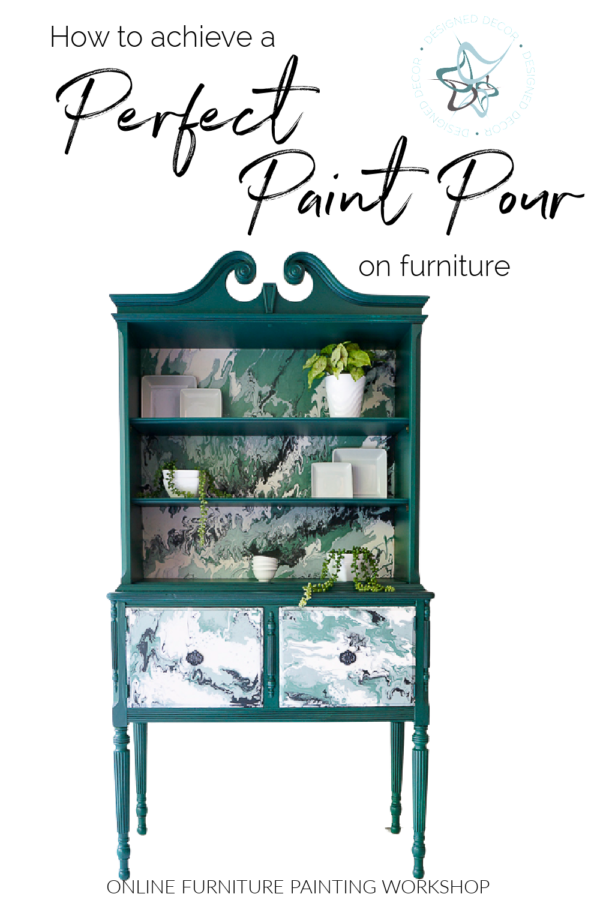 Antique cabinet painted with a mix of greens and white paint pour on furniture paint technique
